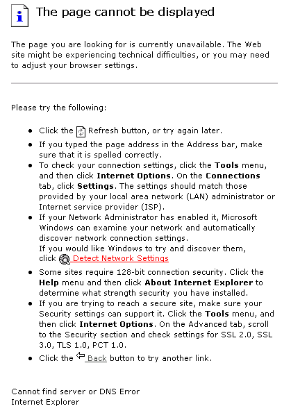 The page cannot be displayed Error